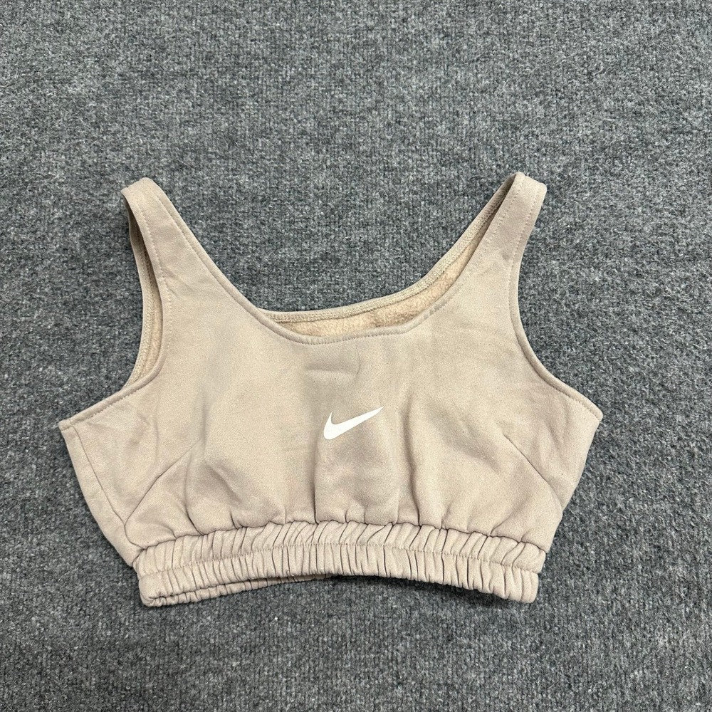 Nike Sports Bra Womens Size S Tan Fleece Lined Swoosh Logo Cropped Athleisure